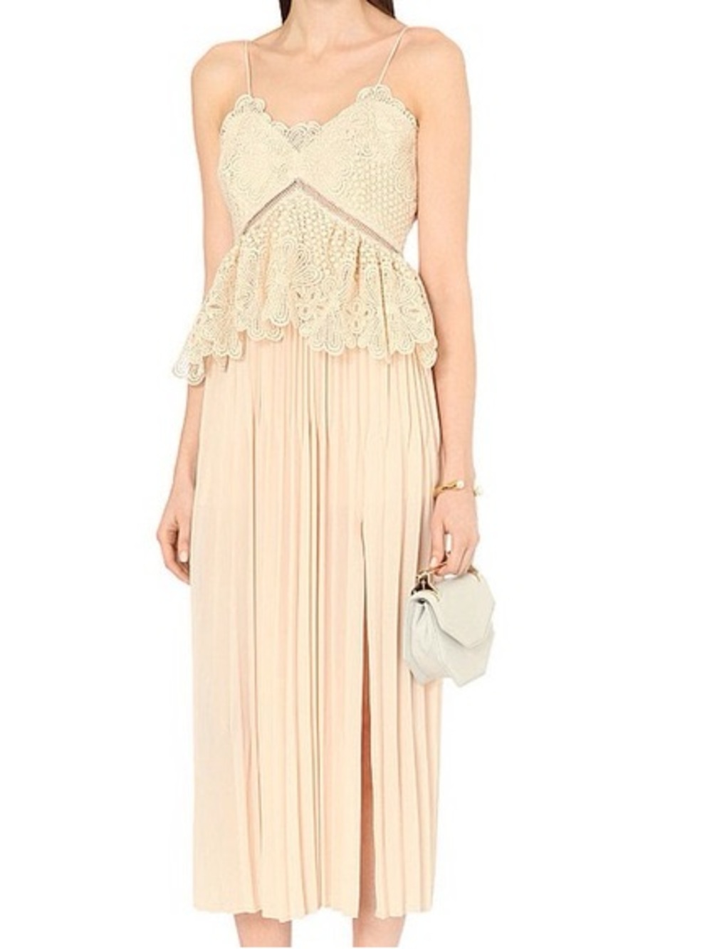 Self-Portrait Pleated Lace Peplum Midi Dress